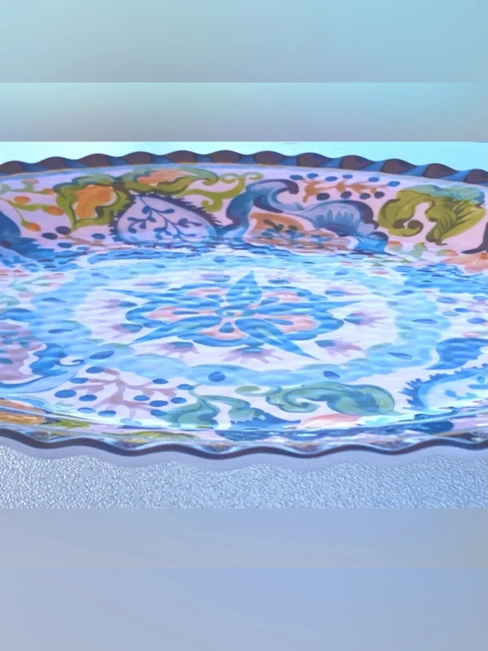 Blue and Orange Botanical Scalloped Edge Large Melamine Serving Platter